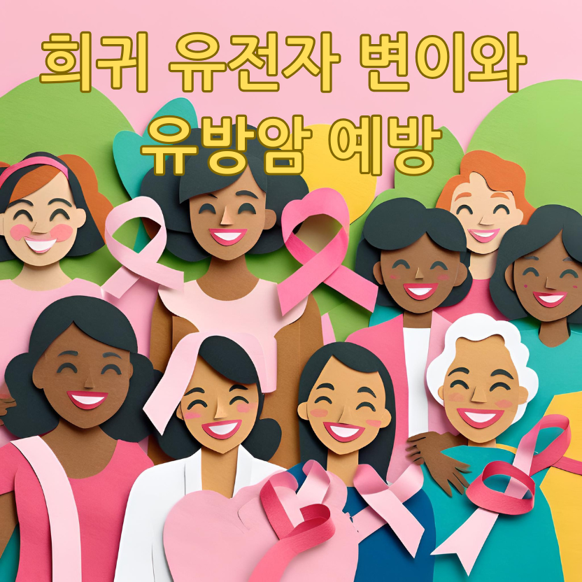 종이로 만들어진 다양한 피부색과 헤어스타일의 여성들이 유방암 예방을 상징하고 있으며, 핑크 리본과 하트 모양이 배경에 포함되어 있다.