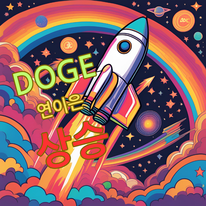 도지코인(DOGE)의 상승세를 상징하는 로켓이 우주에서 솟아오르는 일러스트, 다채로운 색상과 별, 행성들이 배경을 이루고 있다.